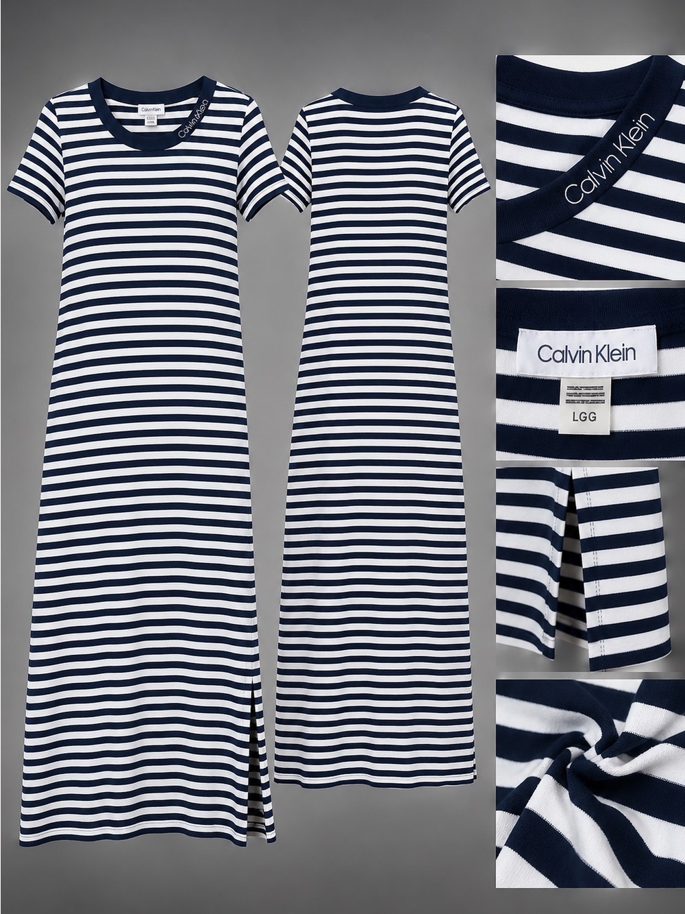 Calvin Klein Navy and White Striped Maxi Dress